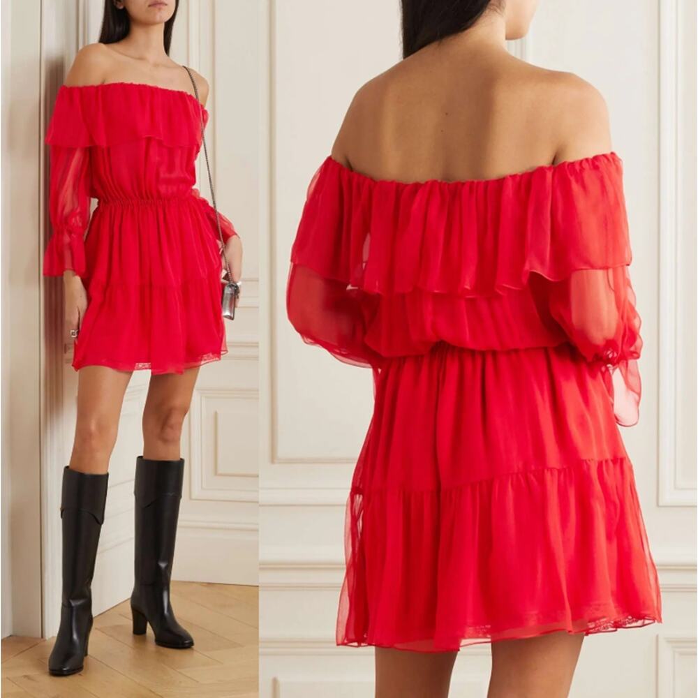 Gucci Women's Ruffled Off The Shoulder Silk Chiffon Mini Dress Red Sz 38 - Picture 13 of 14